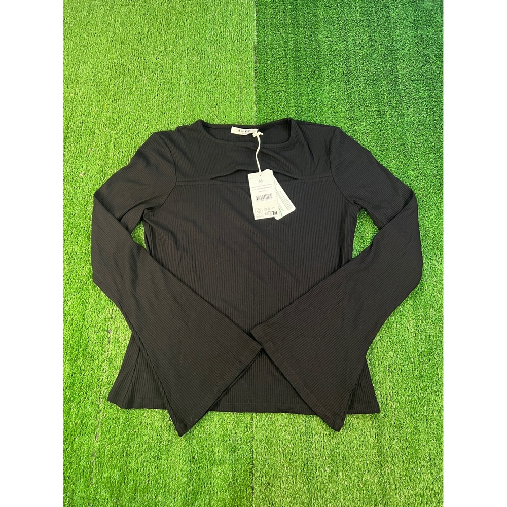 NA-KD Black Cut Out Trumpet Sleeve Top Ribbed Keyhole Bell Sleeve M 1100-004581